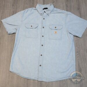 Carhartt Mens Button Up Shirt Blue Short Sleeve Workwear Casual Outdoor Size L
